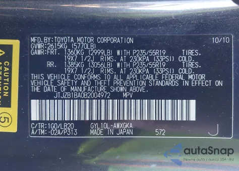 2011 Lexus Rx 450H z USA, uszkodzony, nr VIN JTJZB1BA0B2004972